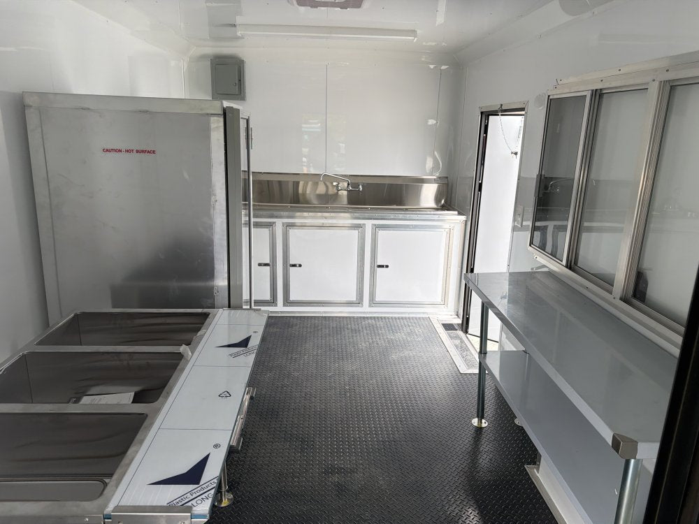 8.5x20 Food Trailer BBQ PORCH, With SMOKER AND PROOFIN CABINET/WARMER, SINK PKG, 50 AMP ELECTRICAL PACKAGE, A/C, FINISHED INTERIOR
