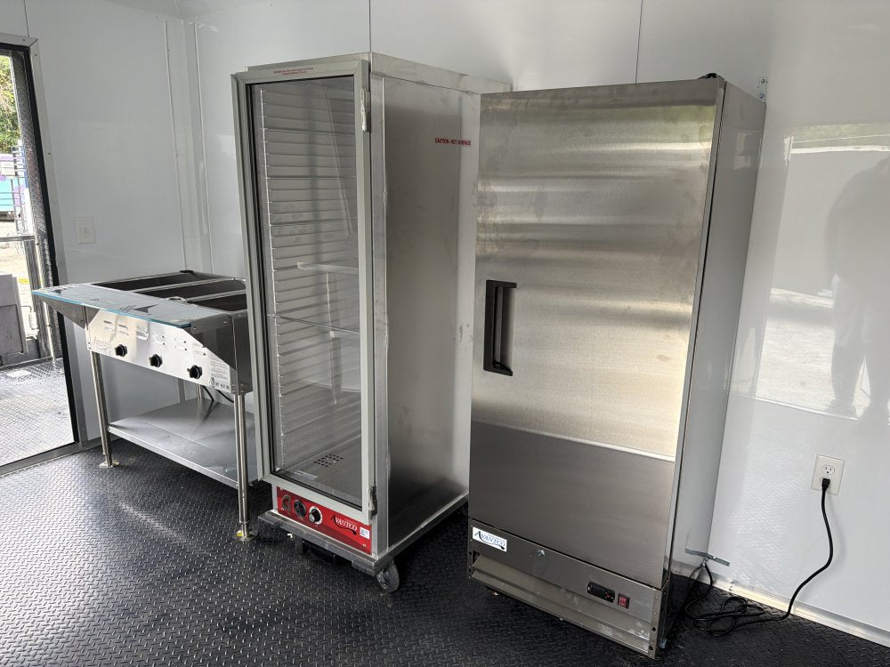 8.5x20 Food Trailer BBQ PORCH, With SMOKER AND PROOFIN CABINET/WARMER, SINK PKG, 50 AMP ELECTRICAL PACKAGE, A/C, FINISHED INTERIOR