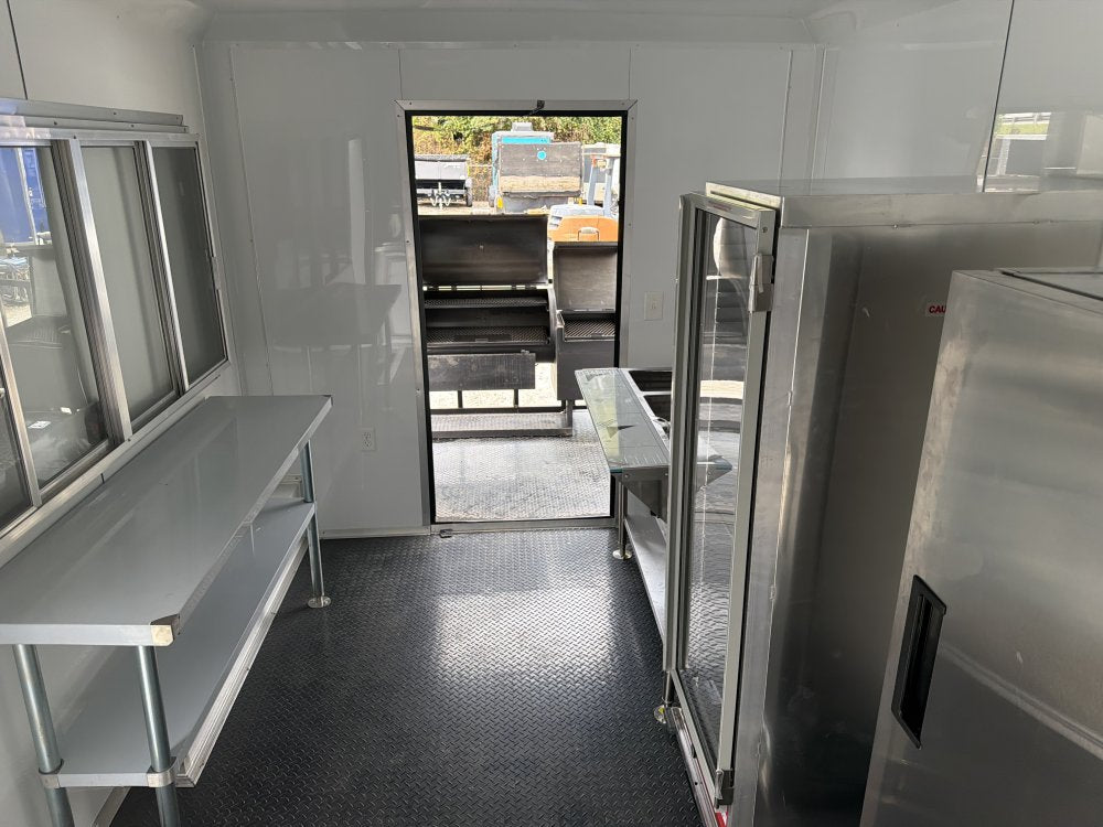8.5x20 Food Trailer BBQ PORCH, With SMOKER AND PROOFIN CABINET/WARMER, SINK PKG, 50 AMP ELECTRICAL PACKAGE, A/C, FINISHED INTERIOR
