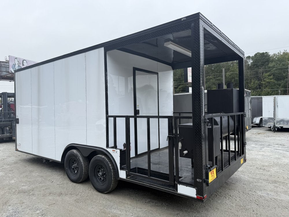 8.5x20 Food Trailer BBQ PORCH, With SMOKER AND PROOFIN CABINET/WARMER, SINK PKG, 50 AMP ELECTRICAL PACKAGE, A/C, FINISHED INTERIOR