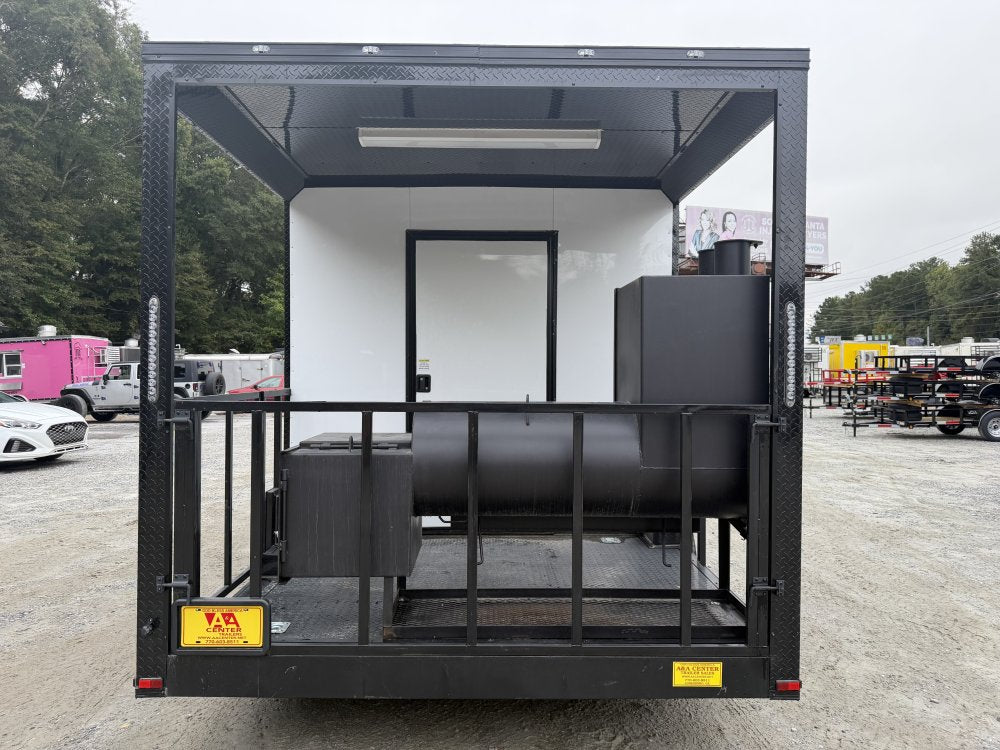 8.5x20 Food Trailer BBQ PORCH, With SMOKER AND PROOFIN CABINET/WARMER, SINK PKG, 50 AMP ELECTRICAL PACKAGE, A/C, FINISHED INTERIOR