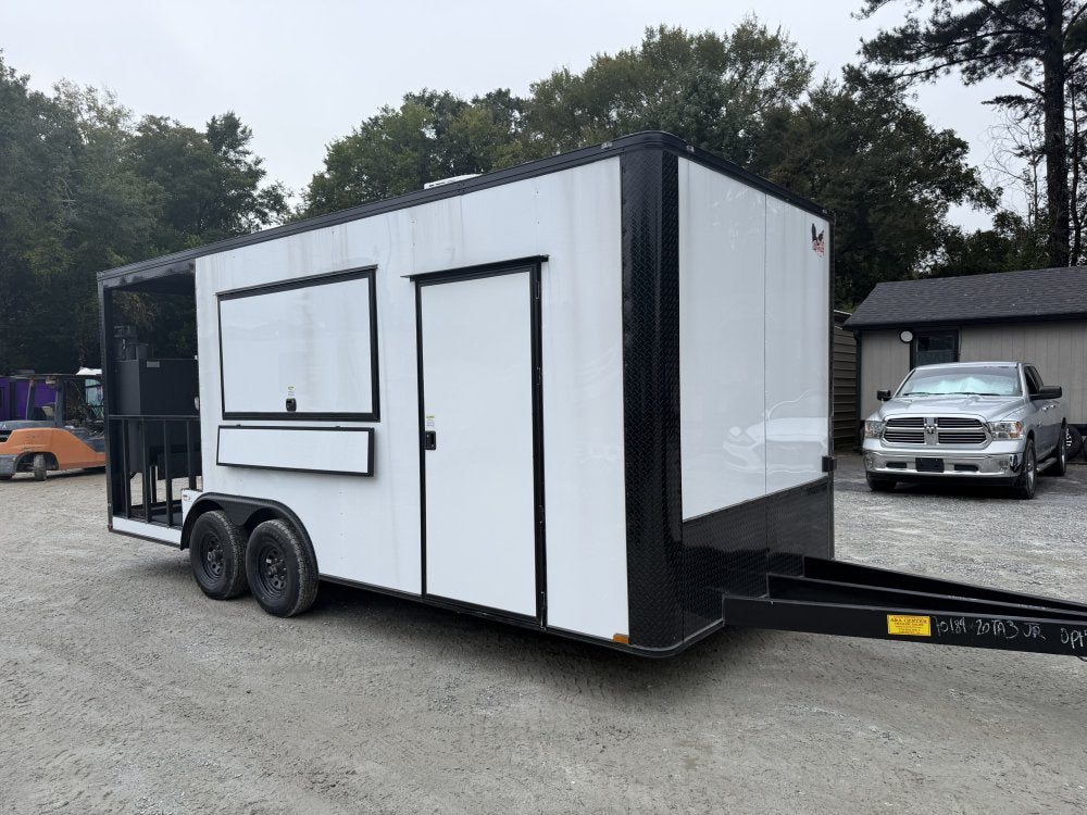 8.5x20 Food Trailer BBQ PORCH, With SMOKER AND PROOFIN CABINET/WARMER, SINK PKG, 50 AMP ELECTRICAL PACKAGE, A/C, FINISHED INTERIOR