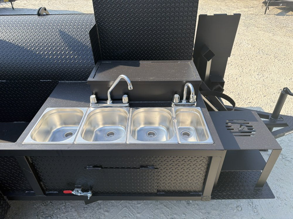 60" Reverse Flow Smoker, W/ Sinks, Grill, Rib Box, Insulated Firebox, Deep Fryer & Fish Fryer