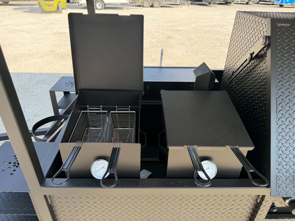 72" SMOKER, GRIDDLE, SINK PKG, 2 FRYER STANDS, 2 DUAL BASKET FRYER, WARMING BOX, INSULATED FIRE BOX