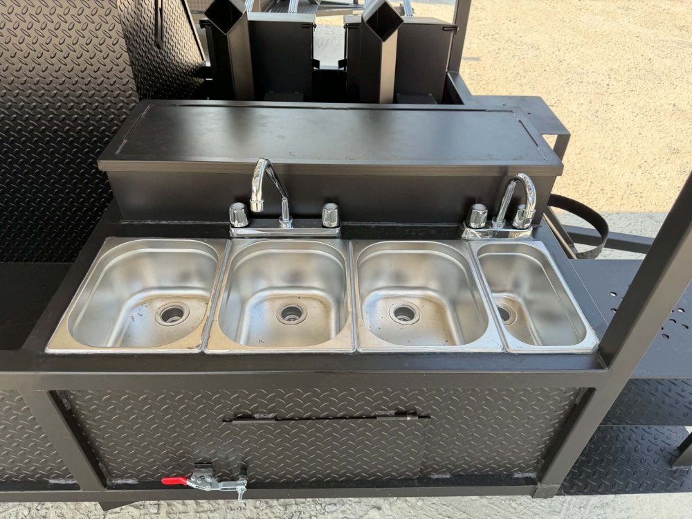 72" SMOKER, GRIDDLE, SINK PKG, 2 FRYER STANDS, 2 DUAL BASKET FRYER, WARMING BOX, INSULATED FIRE BOX