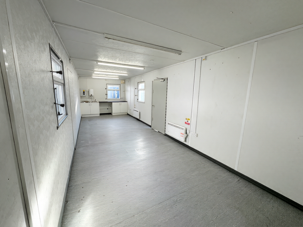 32ft x 10ft Open Plan Canteen Office – Anti-Vandal Portable Steel Office with Kitchenette
