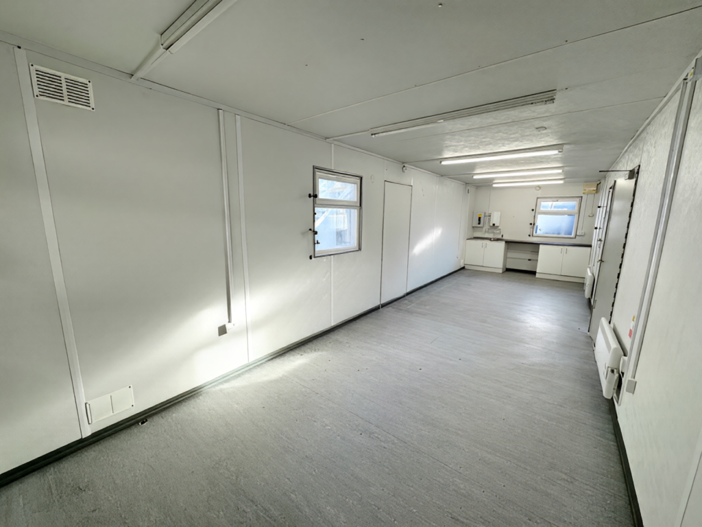32ft x 10ft Open Plan Canteen Office – Anti-Vandal Portable Steel Office with Kitchenette