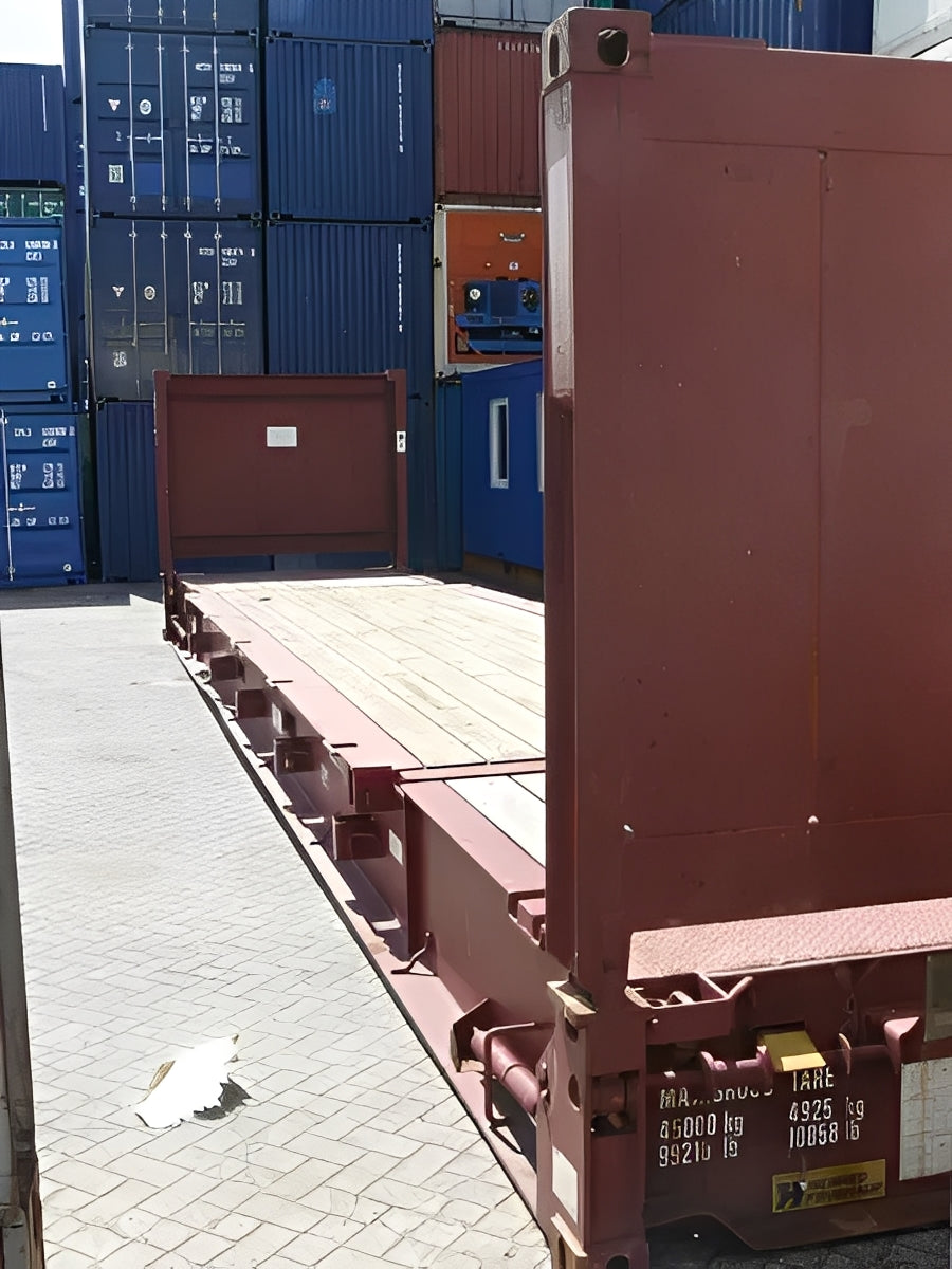 40ft x 8ft Used Flat Rack Shipping Container – CSC Plated Steel Heavy-Duty Cargo Platform