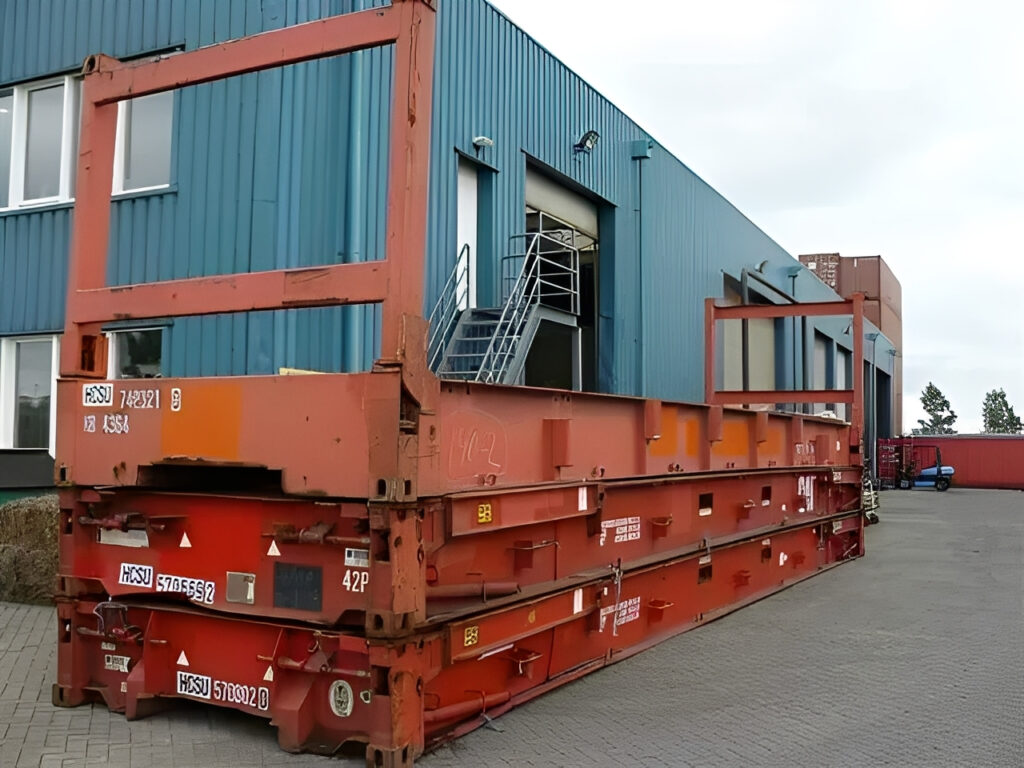 40ft x 8ft Used Flat Rack Shipping Container – CSC Plated Steel Heavy-Duty Cargo Platform