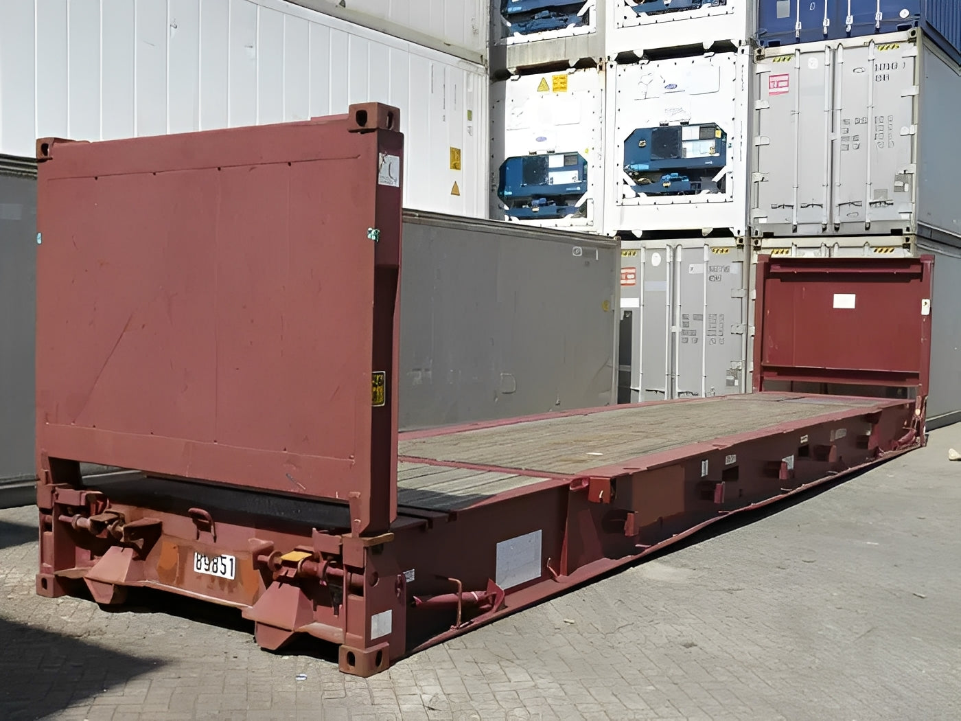 40ft x 8ft Used Flat Rack Shipping Container – CSC Plated Steel Heavy-Duty Cargo Platform